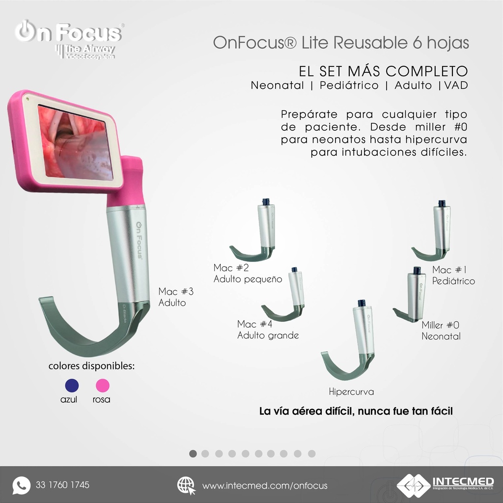 VIDEOLARINGOSCOPIO ONFOCUS® LITE ROSA 6 HOJAS REUSABLES.